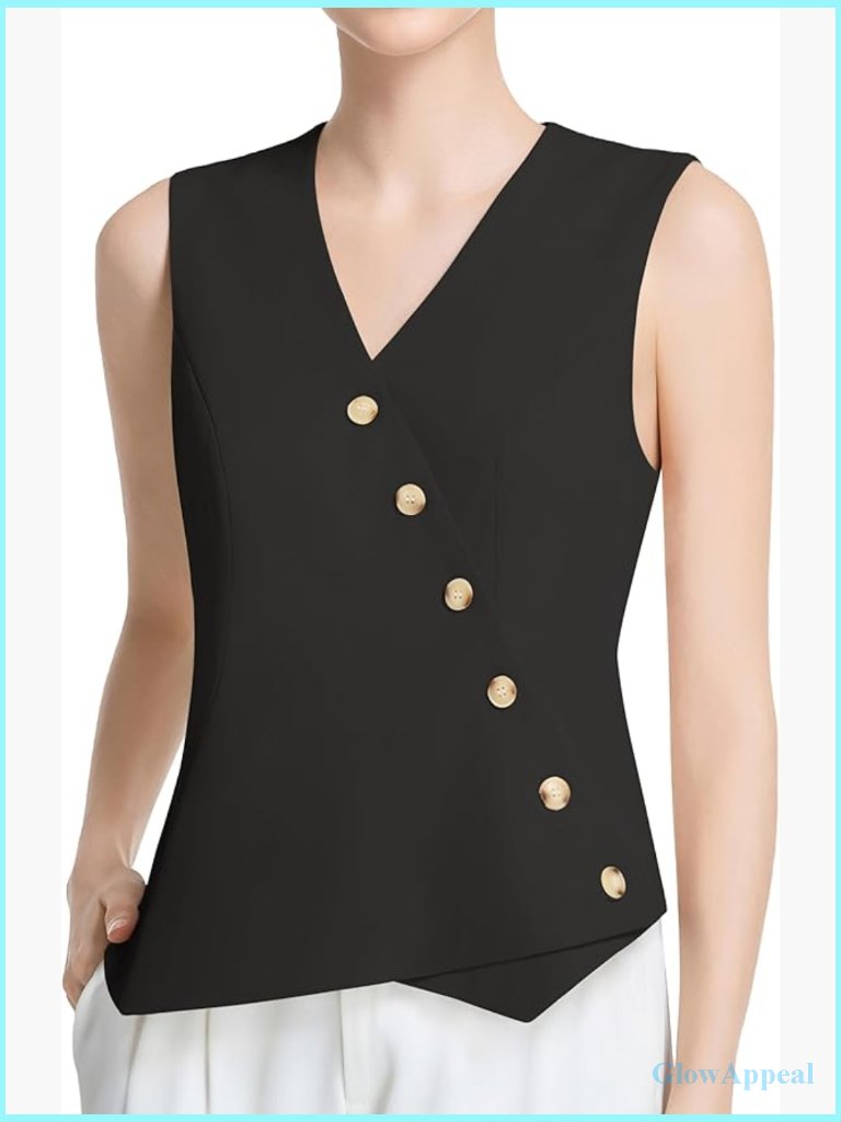 Sleeveless V Neck Button Up Asymmetrical Hem Blazer Suit Vest Waistcoat